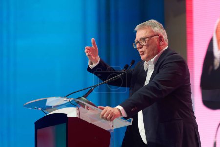 Photo for Bucharest, Romania. 6th Apr, 2024: Nicolas Schmit, PES lead candidate for the EU elections, delivers his speech at the PES conference "We stand together - for our Europe!". - Royalty Free Image