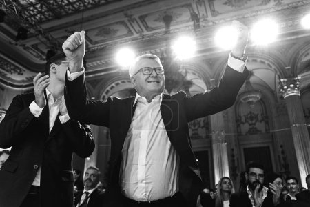 Photo for Bucharest, Romania. 6th Apr, 2024: Nicolas Schmit (R), PES lead candidate for the EU elections, celebrate next to Romanian MEP Victor Negrescu (L), PES Vice-President, at the end of the PES conference - Royalty Free Image