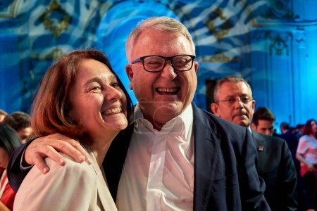 Photo for Bucharest, Romania. 6th Apr, 2024: Katarina Barley, PES Executive Vice-President, and Nicolas Schmit, PES lead candidate for the EU elections, laugh together at the end of the PES conference - Royalty Free Image