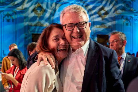 Photo for Bucharest, Romania. 6th Apr, 2024: Katarina Barley, PES Executive Vice-President, and Nicolas Schmit, PES lead candidate for the EU elections, laugh together at the end of the PES conference - Royalty Free Image