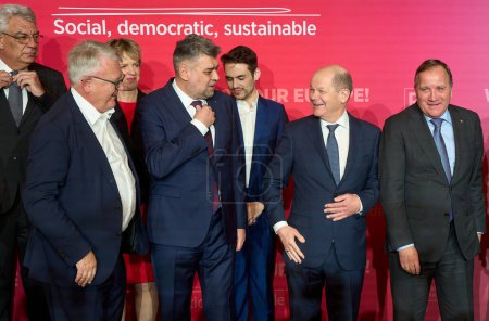 Photo for Bucharest, Romania. 6th Apr, 2024: (L-R) Nicolas Schmit, PES lead candidate for the EU elections, Marcel Ciolacu, PSD president, Olaf Scholz, Chancellor of Germany, and Stefan Lofven, PES President - Royalty Free Image