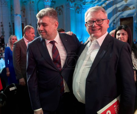 Photo for Bucharest, Romania. 6th Apr, 2024: Marcel Ciolacu (L), Romanian Premier and PSD president, and Nicolas Schmit (R), PES lead candidate for the EU elections, attend the PES conference - Royalty Free Image