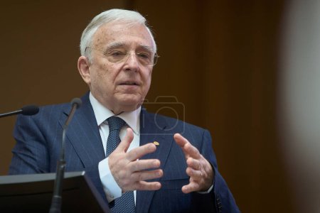 Photo for Bucharest, Romania. 15th May, 2024: Mugur Isarescu, the Governor of the National Bank of Romania (BNR), presents the Quarterly Inflation Report, at the headquarters of the BNR in Bucharest. - Royalty Free Image