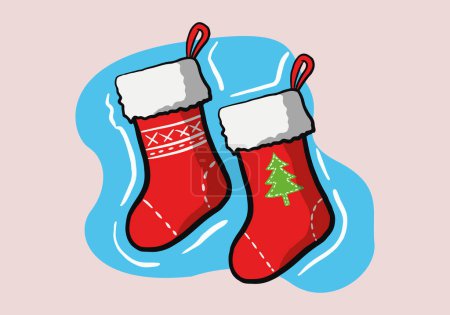 Foto de Navidad dibujada a mano y Año Nuevo. Un conjunto de dos calcetines diferentes para regalos de Navidad sobre un fondo aislado. - Imagen libre de derechos