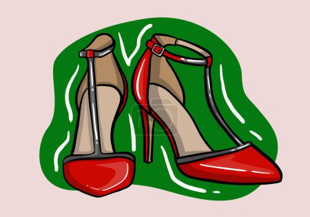 Ilustración de Ilustración vectorial dibujada a mano de elegantes zapatos de mujer rojos de moda con tacón alto aislado sobre fondo - Imagen libre de derechos