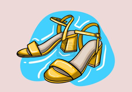 Ilustración de Ilustración vectorial dibujada a mano de elegantes zapatos de mujer amarillos de moda con tacón alto aislado sobre fondo - Imagen libre de derechos
