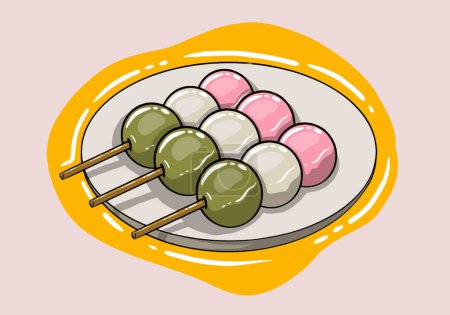Illustration for Japanese Spring Dango. Three-color dumplings dangos. Traditional Japanese dessert. Hand drawn hanami Dango. - Royalty Free Image
