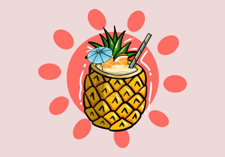 Pineapple cocktail garnished, pineaple leaves, colorful straw tube and two slices of orange isolated on background. Vector illustration