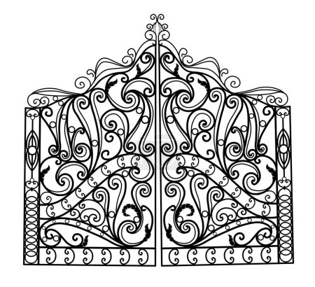 Schmiedeeisernes Tor und Zaun. Schwarzes Metalltor mit gefälschten Ornamenten auf weißem Hintergrund. Antikes Vintage-Architektur-Objekt, Fassade schwarzes viktorianisches Gitter.