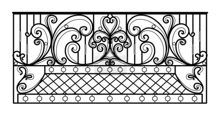 schmiedeeiserner Balkon. Schwarzes Metallgeländer mit geschmiedeten Ornamenten auf weißem Hintergrund. Eingang zur mit Stahlvektor verzierten Terrasse. Antikes Vintage-Objekt der Architektur, Fassade schwarz victori