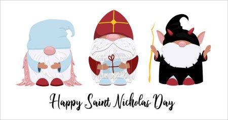 Illustration for An old man, krampus and an angel in colorful costumes celebrate the Dutch holidays - St. Nicholas day.vector illustration isolated - Royalty Free Image