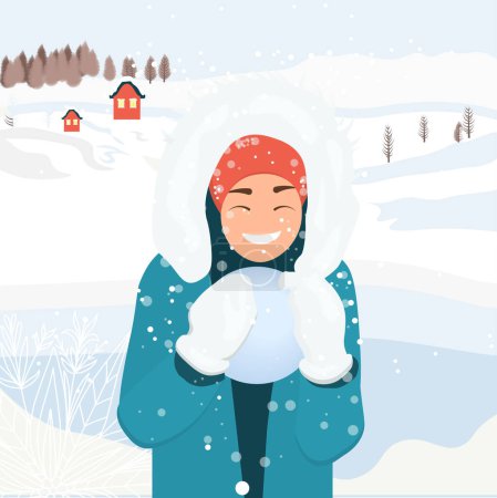 Illustration for People spend time on the street in winter. Winter entertainment. A woman in a blue overall with a snowball - Royalty Free Image
