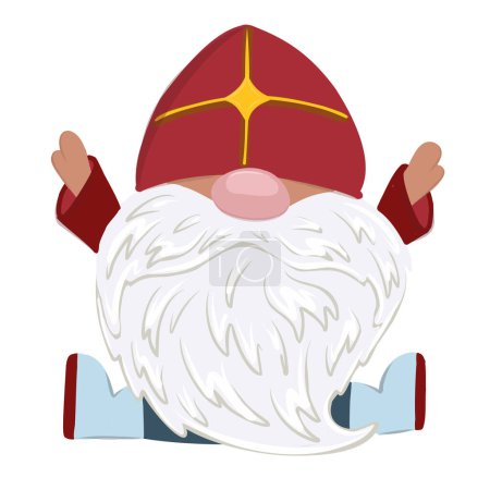 Illustration for Saint Nicholas Day character isolated on white. The gnome is holding a gift. Nicholas old man Christian religion. Red miter. Dwarf priest. - Royalty Free Image