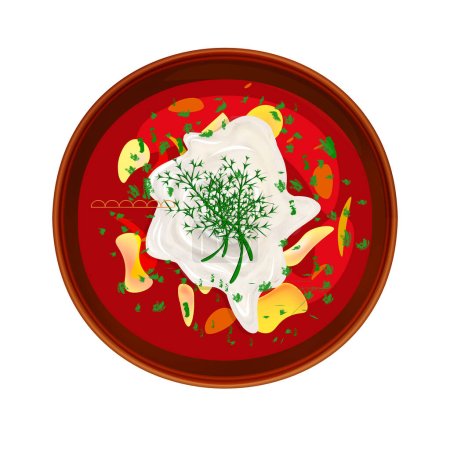 Illustration for Borsch. Ukrainian cuisine. Ukrainian national dish. soup with vegetables, beets, cabbage and beans. Borscht is isolated on a white background. - Royalty Free Image