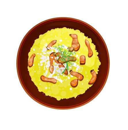 Illustration for Banosh Ukrainian cuisine. Ukrainian national dish. Porridge with corn, cottage cheese, cheese and greens. Banosh is isolated on a white background - Royalty Free Image
