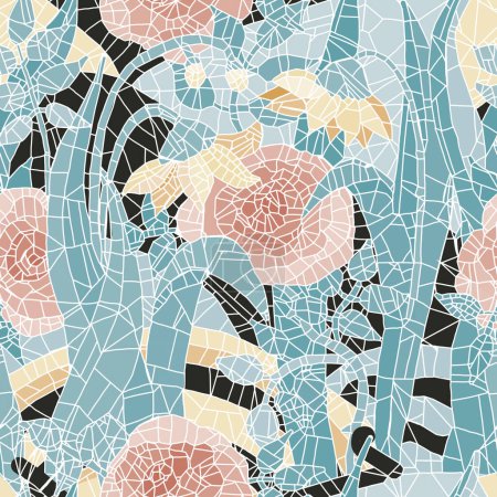 Illustration for Seamless mosaic pattern.Seamless vintage pattern with an effect of attrition. Patchwork carpet. Hand drawn seamless abstract tiles. Azulejos tiles patchwork. Portuguese and Spain decor.Roses and daffo - Royalty Free Image