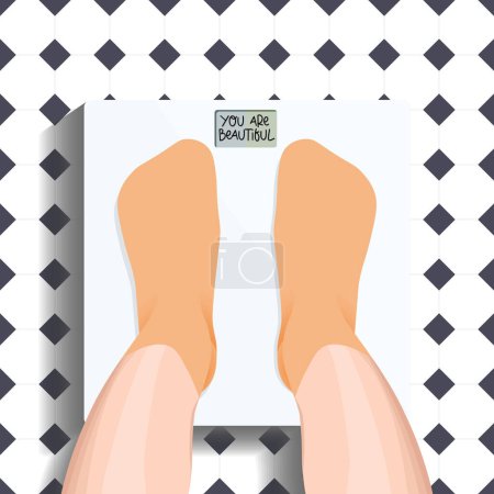 Illustration for The concept of food addiction. Anorexia, bulimia. The girl weighs herself. A woman is standing on the scales in the bathroom with a happy mood, top view of her legs. measurement and control of weight. Healthy lifestyle, diet and fitness concept. - Royalty Free Image