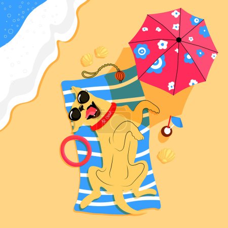 Be cool. The dog lies on the beach under an umbrella in sunglasses. Labrador on vacation. The dog is on vacation. Vacation with a pet. Traveling with a pet.