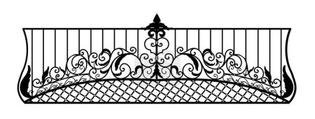 Illustration for Decorative fences and gates. Set of vintage wrought metal fences with gates. Isolated black silhouette on white background. Vector - Royalty Free Image