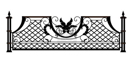 Illustration for Decorative fences and gates. Set of vintage wrought metal fences with gates. Isolated black silhouette on white background. Vector - Royalty Free Image