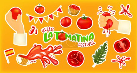 Illustration for La Tomatina festival stickers. La Tomatina in Spain. tomato fight. tomato battle - Royalty Free Image