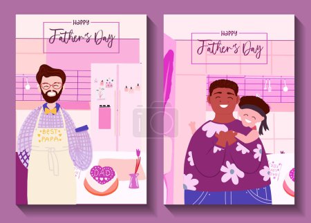 Téléchargez les illustrations : Heureuse bannière de la fête des pères. Couple d'hommes de même sexe avec un enfant qui rit heureux et s'étreint - en licence libre de droit