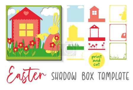 Ilustración de Sombra caja o sombra postal de Pascua. Casa del conejo. Talla de bricolaje infantil - Imagen libre de derechos