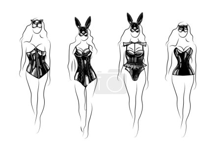 Téléchargez les illustrations : Filles en costume de latex avec des oreilles de lapin et un corset. Des vêtements sexy. Fétiche. - en licence libre de droit