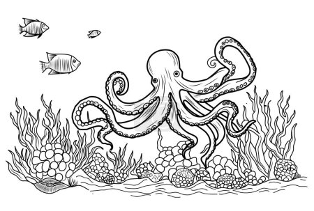 Octopus coloring book. Coloring page simple line illustration of octopus and underwater world