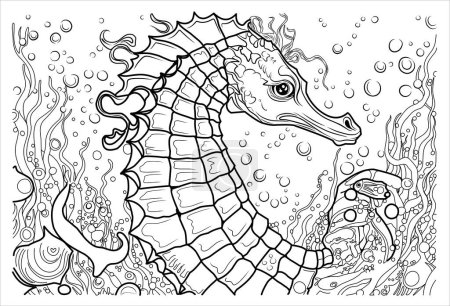 Ilustración de Página para colorear caballo de mar profundo. ilustración lineal de retrato de caballito de mar de dibujos animados para colorear libro - Imagen libre de derechos