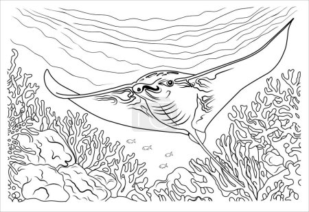Illustration for Deep sea manta ray coloring page. cartoon stingray linear illustration for coloring - Royalty Free Image