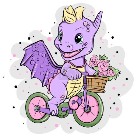 Illustration for Cute animal baby. Cute dragon with flowers on a bike - Royalty Free Image