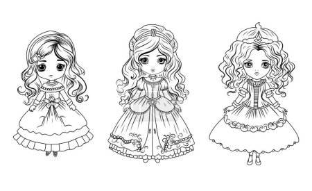 Téléchargez les illustrations : Coloriage princesse en robe de bal. Livre à colorier pour filles. Poupées dans de belles robes - en licence libre de droit
