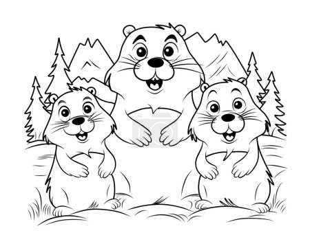Illustration for Groundhog Day coloring page. Coloring book family of beavers on the background of nature. - Royalty Free Image