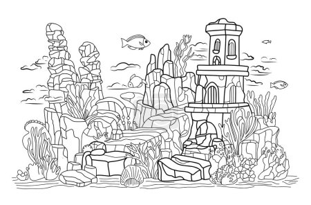 Märchenschloss am Wasser.Unterwasserwelt. Einfache Linienillustration für Malbuch Atlantis.Malseite