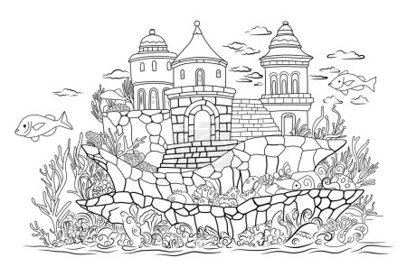 Fairytale castle by water.Underwater world.Simple line illustration for coloring book Atlantis.Coloring page