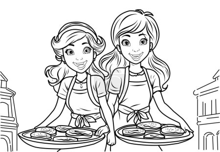 Illustration for Coloring page Pancake day, Pancake race. Women run with plates of pancakes. - Royalty Free Image