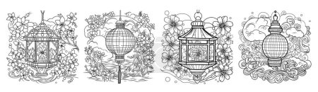Ilustración de Toro nagashi.set Festival de linterna japonesa Página para colorear. página para colorear de linternas para el recuerdo de los muertos. - Imagen libre de derechos