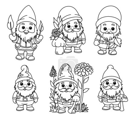 Illustration for Set Coloring pages with gnomes, autumn coloring page - Royalty Free Image