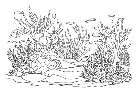 Téléchargez les illustrations : Coloriage fond océan avec poissons et algues. Livre de coloriage vie marine - en licence libre de droit