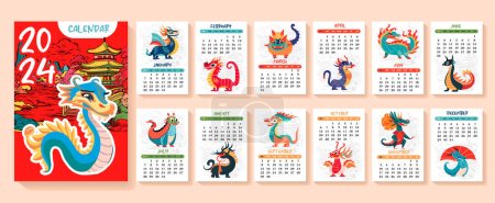 Dragon, calendrier dragon blanc ou A4 planificateur pour 2024 avec dessin animé simbol chinois, symbole du Nouvel An, hiéroglyphes mignons couverture et 12 pages mensuelles. La semaine commence le dimanche, modèle imprimable vectoriel