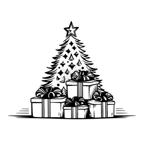 Ilustración de Árbol de Navidad con nieve y regalos. Página para colorear de Navidad. - Imagen libre de derechos