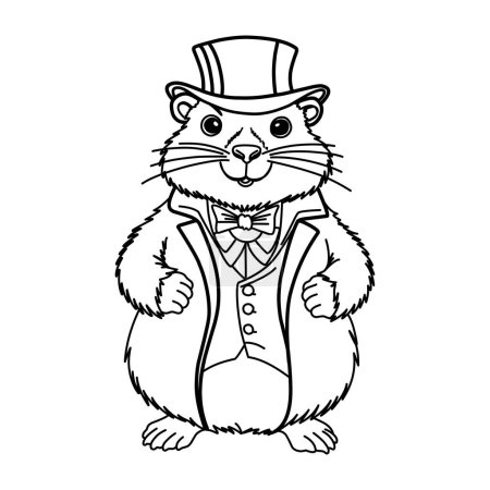 Illustration for Groundhog Day February 2nd. Cute baby animal beaver. Coloring book Groundhog Day in a top hat and frock coat. Meteorologist. - Royalty Free Image