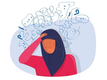 Foto de Muslim woman suffers from obsessive thoughts; headache; unresolved issues; psychological trauma; depression.Mental stress panic mind disorder illustration Flat vector illustration - Imagen libre de derechos