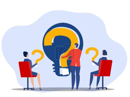 Illustration for Problem solving concept, business people standing with question marks then help hand put the lamp  to solve the bright problem. Creative.vector design illustration. - Royalty Free Image