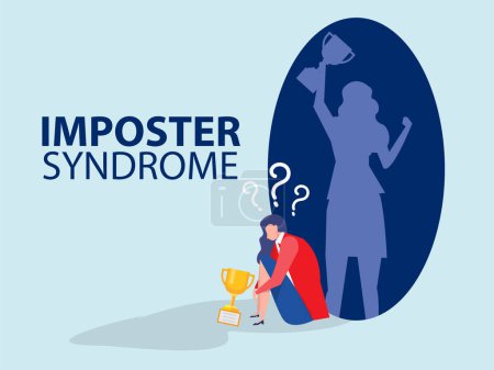 Imposter syndrome.woman sitting Anxiety and lack of self confidence at work the person fakes is someone else with success shadow background