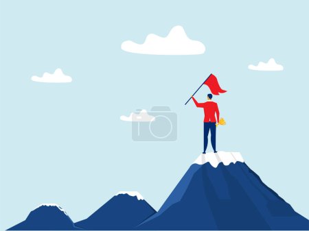 Sukces w biznesie, człowiek stojący na szczycie góry z flagą i przenoszący się do punktu docelowego, przywództwo, ludzie osiągają cel koncepcja wektor ilustracji