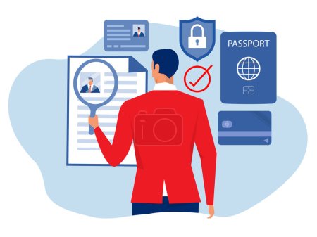 Illustration for KYC or know your customer with business verifying the identity of its client's concept at the partners-to-be through a magnifying glass Idea of business identification and finance safety. - Royalty Free Image