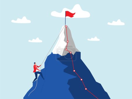 Homme d'affaires escalade montagne au sommet, Défi, persévérance, croissance personnelle, effort, ambition et leadership dans la carrière atteindre des objectifs illustration vectorielle concept