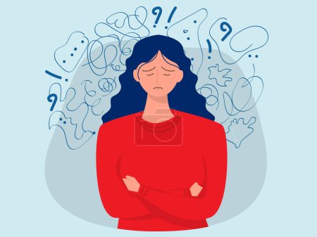 Illustration for Woman suffers from obsessive thoughts; headache; unresolved issues; psychological trauma; depression.Mental stress panic mind disorder illustration Flat vector illustration. - Royalty Free Image